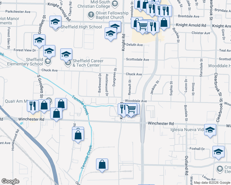 map of restaurants, bars, coffee shops, grocery stores, and more near 3432 Dungreen Street in Memphis