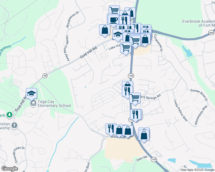 map of restaurants, bars, coffee shops, grocery stores, and more near 6141 Cloverdale Drive in Fort Mill