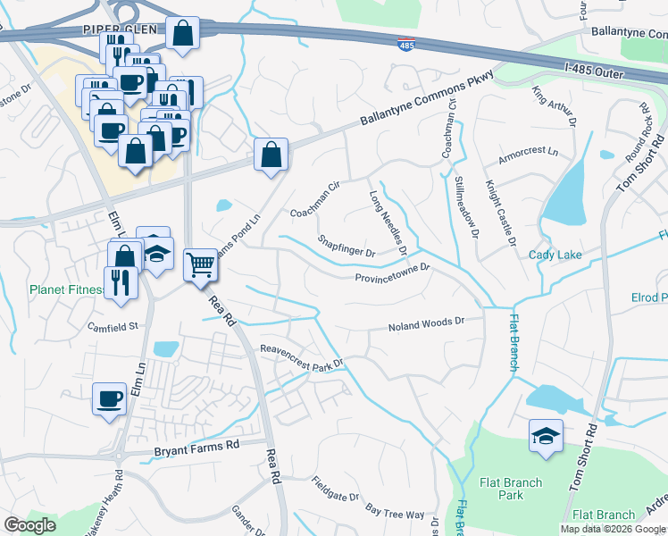 map of restaurants, bars, coffee shops, grocery stores, and more near 11317 Snapfinger Drive in Charlotte