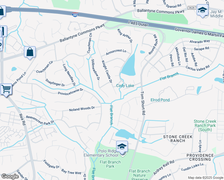map of restaurants, bars, coffee shops, grocery stores, and more near 11126 Knight Castle Drive in Charlotte