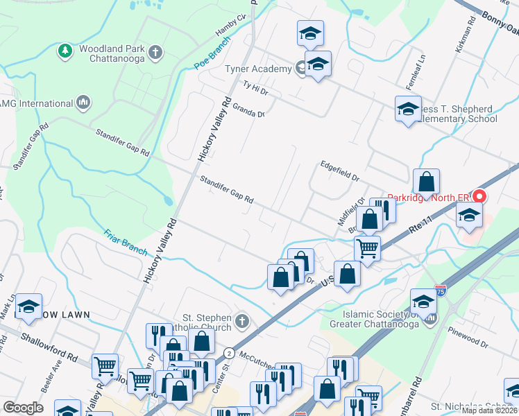 map of restaurants, bars, coffee shops, grocery stores, and more near 6853 Standifer Gap Road in Chattanooga