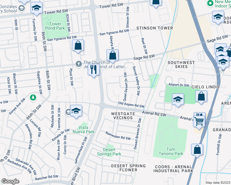 map of restaurants, bars, coffee shops, grocery stores, and more near 1509 Fox Hill Place Southwest in Albuquerque