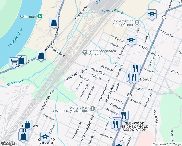 map of restaurants, bars, coffee shops, grocery stores, and more near 1703 Rubio Street in Chattanooga