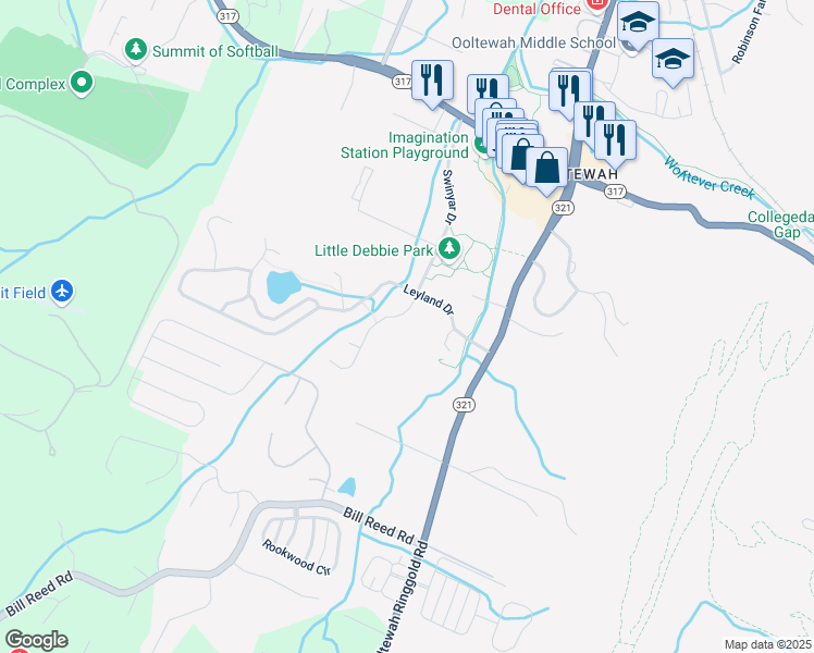 map of restaurants, bars, coffee shops, grocery stores, and more near 4586 Forsythia Way in Collegedale