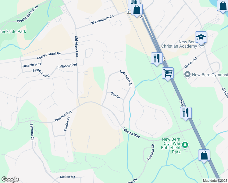 map of restaurants, bars, coffee shops, grocery stores, and more near 437 Neuchatel Road in New Bern