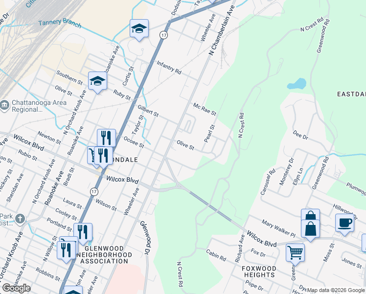 map of restaurants, bars, coffee shops, grocery stores, and more near 2514 Olive Street in Chattanooga