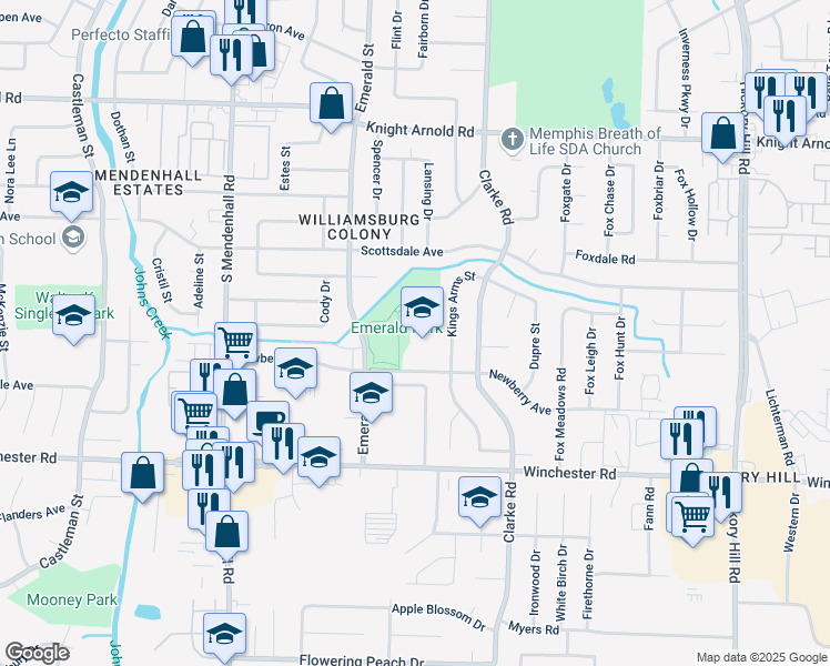 map of restaurants, bars, coffee shops, grocery stores, and more near 5540 Newberry Avenue in Memphis