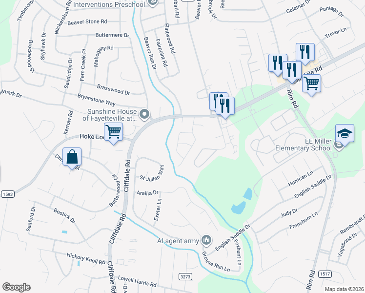 map of restaurants, bars, coffee shops, grocery stores, and more near 7336 Van Grayson Loop in Fayetteville