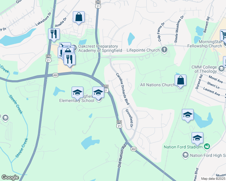 map of restaurants, bars, coffee shops, grocery stores, and more near 804 Peck Street in Fort Mill