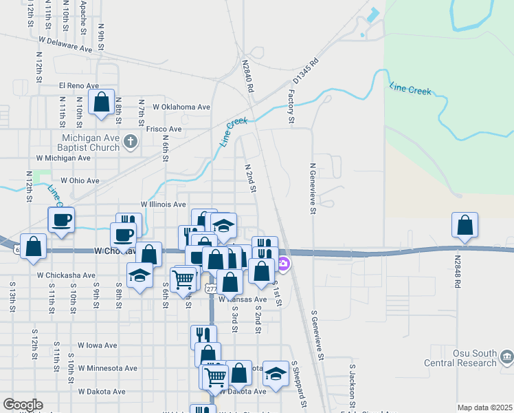map of restaurants, bars, coffee shops, grocery stores, and more near North 2nd Street in Chickasha
