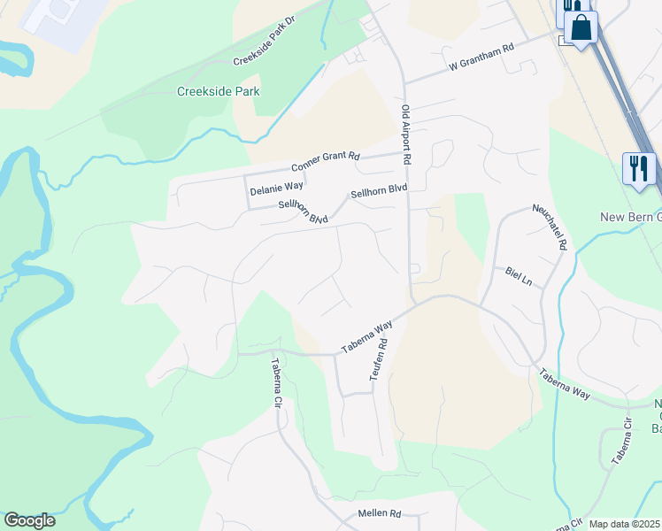 map of restaurants, bars, coffee shops, grocery stores, and more near 101-103 Reinach Lane in New Bern