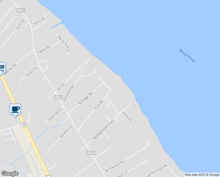 map of restaurants, bars, coffee shops, grocery stores, and more near 3507 Camelot Drive in New Bern