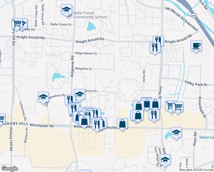 map of restaurants, bars, coffee shops, grocery stores, and more near 6332 Village Grove Drive in Memphis