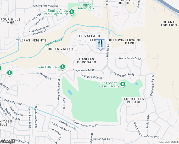 map of restaurants, bars, coffee shops, grocery stores, and more near 721 Stagecoach Road Southeast in Albuquerque
