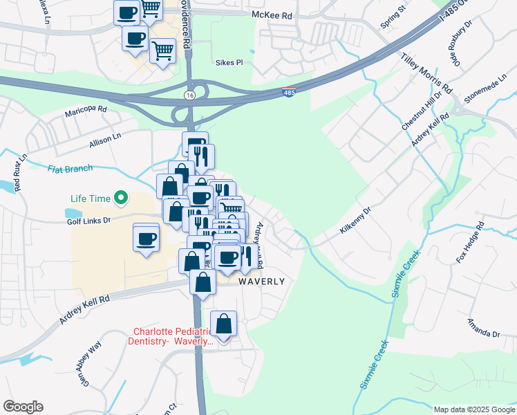 map of restaurants, bars, coffee shops, grocery stores, and more near 6525 Providence Farm Lane in Charlotte