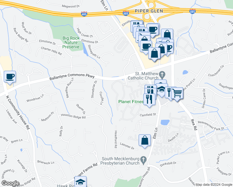 map of restaurants, bars, coffee shops, grocery stores, and more near 11128 Foxhaven Drive in Charlotte