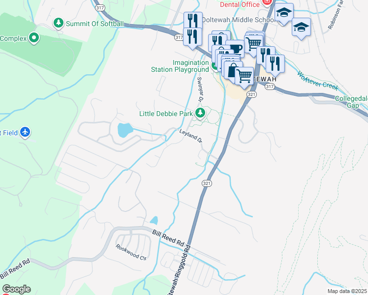 map of restaurants, bars, coffee shops, grocery stores, and more near 4586 Forsythia Way in Collegedale