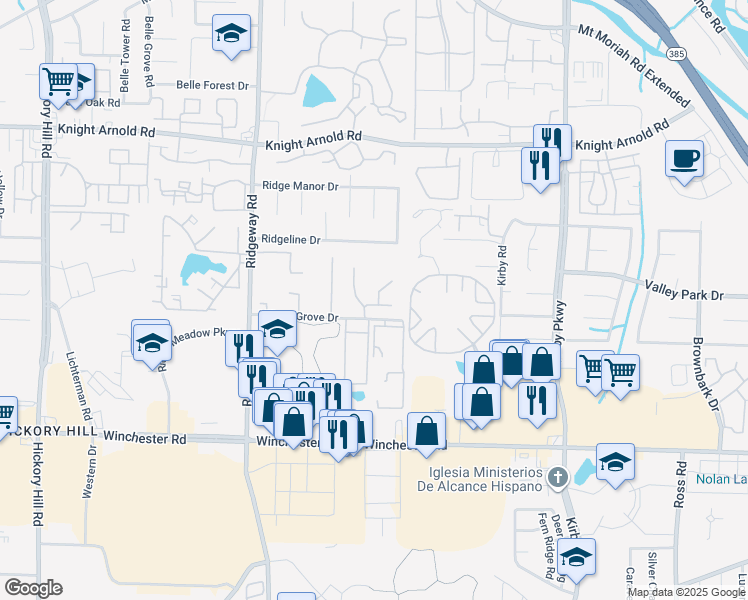 map of restaurants, bars, coffee shops, grocery stores, and more near 6332 Village Grove Drive in Memphis