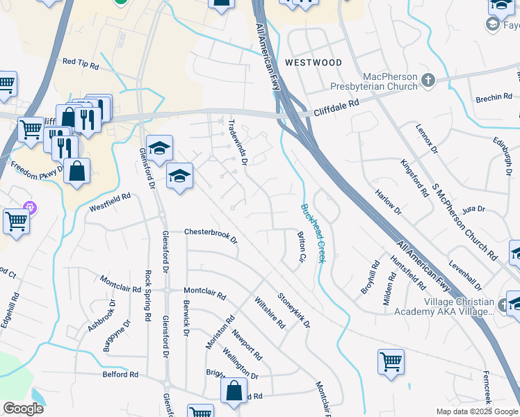 map of restaurants, bars, coffee shops, grocery stores, and more near 4608 Pine Needle Court in Fayetteville