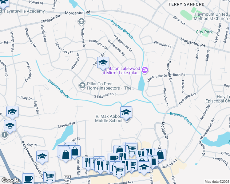 map of restaurants, bars, coffee shops, grocery stores, and more near 2530 South Edgewater Drive in Fayetteville