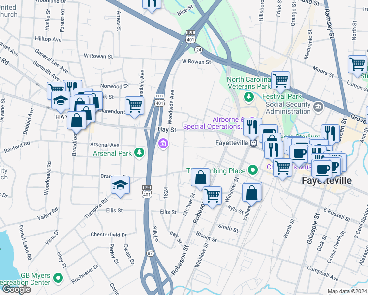 map of restaurants, bars, coffee shops, grocery stores, and more near 203 Fountainhead Lane in Fayetteville