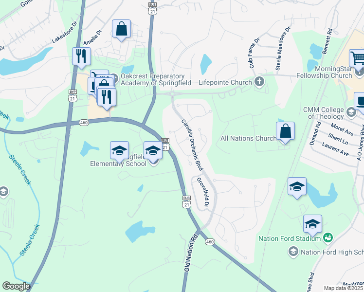 map of restaurants, bars, coffee shops, grocery stores, and more near 804 Peck Street in Fort Mill