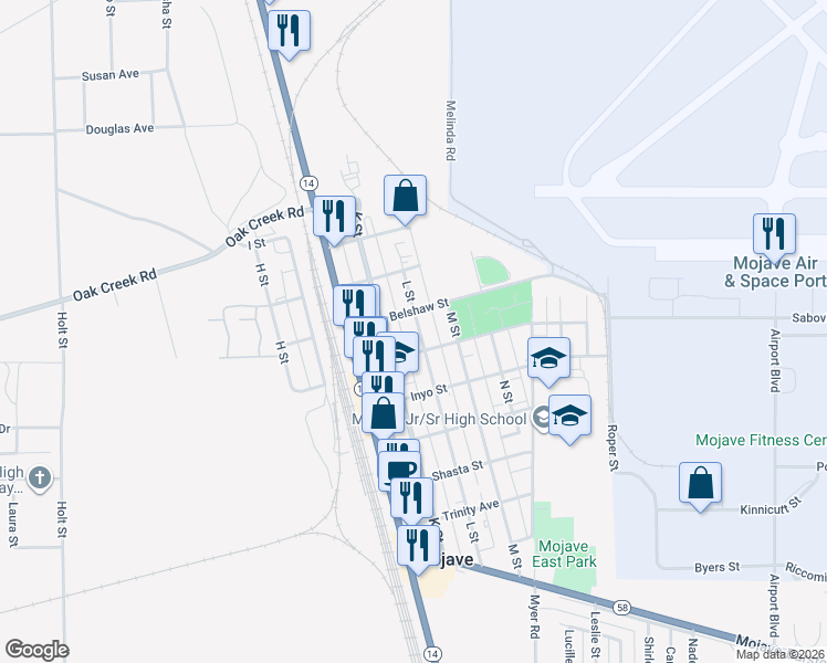 map of restaurants, bars, coffee shops, grocery stores, and more near 16039 L Street in Mojave