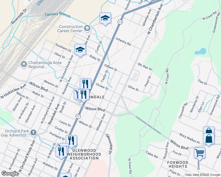 map of restaurants, bars, coffee shops, grocery stores, and more near 2315 Ocoee Street in Chattanooga
