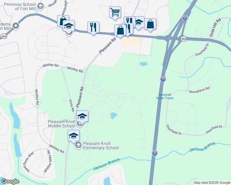 map of restaurants, bars, coffee shops, grocery stores, and more near 2131 Vista Road in Fort Mill