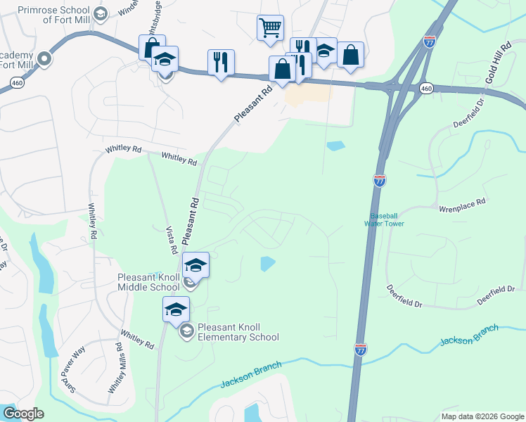 map of restaurants, bars, coffee shops, grocery stores, and more near 2130 Vista Road in Fort Mill