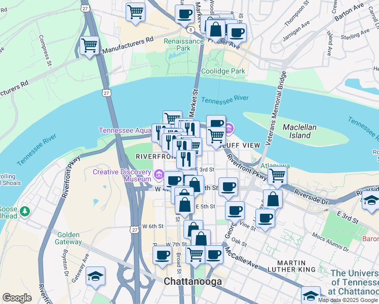 map of restaurants, bars, coffee shops, grocery stores, and more near 211 Market Street in Chattanooga