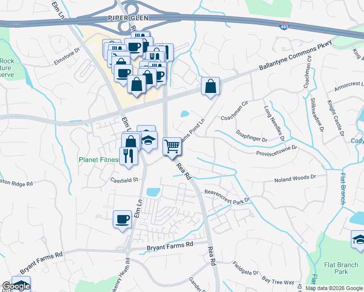 map of restaurants, bars, coffee shops, grocery stores, and more near 11600 Old Surry Lane in Charlotte