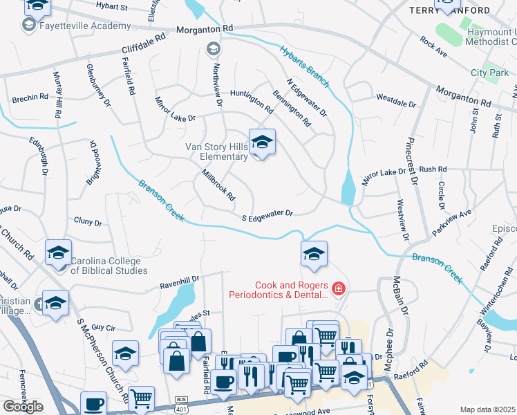 map of restaurants, bars, coffee shops, grocery stores, and more near 2608 Westchester Drive in Fayetteville