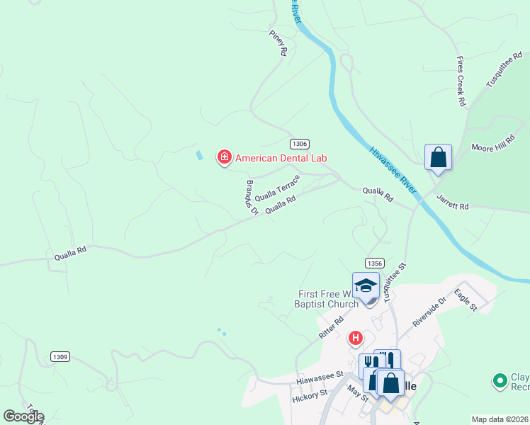 map of restaurants, bars, coffee shops, grocery stores, and more near State Road 1305 in Hayesville