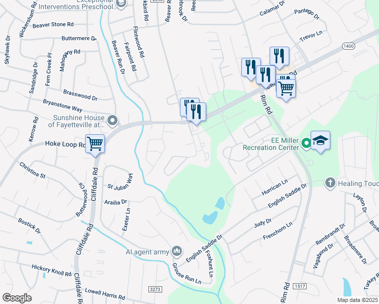 map of restaurants, bars, coffee shops, grocery stores, and more near 7600 Branchwood Circle in Fayetteville