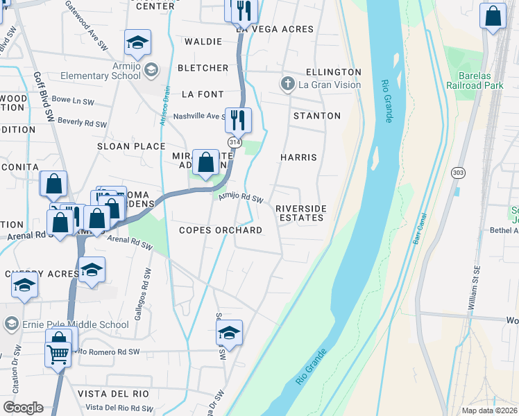map of restaurants, bars, coffee shops, grocery stores, and more near 800 Armijo Road Southwest in Albuquerque