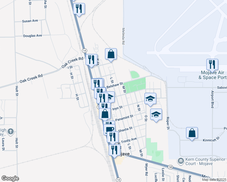 map of restaurants, bars, coffee shops, grocery stores, and more near 16052 L Street in Mojave