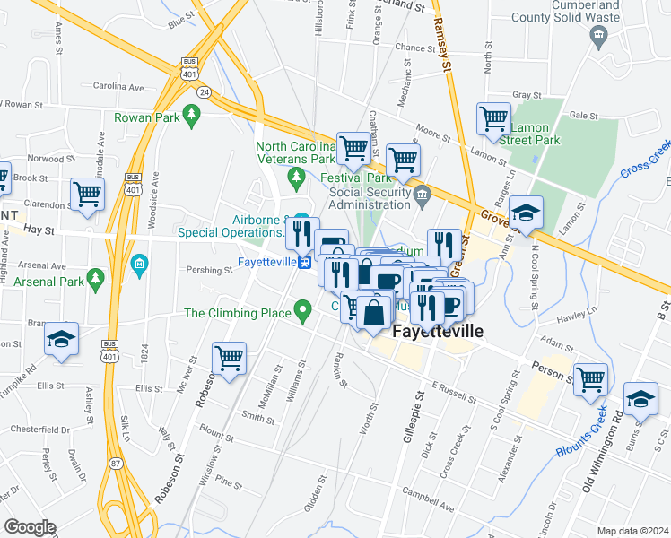 map of restaurants, bars, coffee shops, grocery stores, and more near 460 Hay Street in Fayetteville