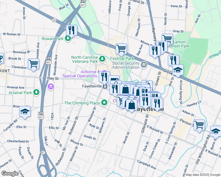map of restaurants, bars, coffee shops, grocery stores, and more near 460 Hay Street in Fayetteville