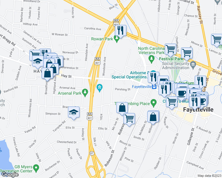 map of restaurants, bars, coffee shops, grocery stores, and more near 201 Fountainhead Lane in Fayetteville