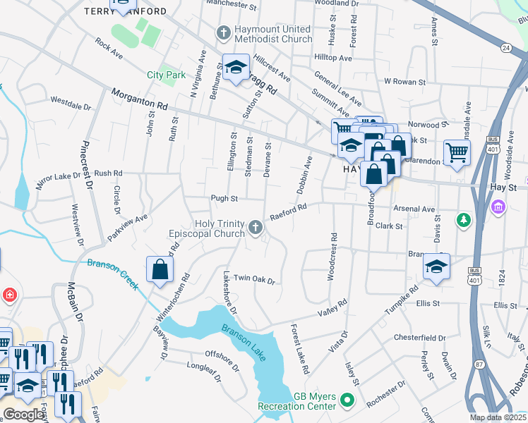 map of restaurants, bars, coffee shops, grocery stores, and more near 1607 Pugh St in Fayetteville