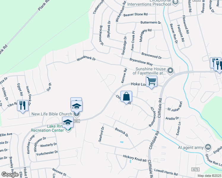 map of restaurants, bars, coffee shops, grocery stores, and more near 1051 Christina Street in Fayetteville