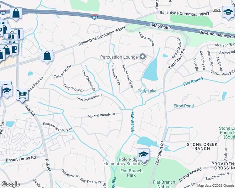 map of restaurants, bars, coffee shops, grocery stores, and more near 6807 Stillmeadow Drive in Charlotte
