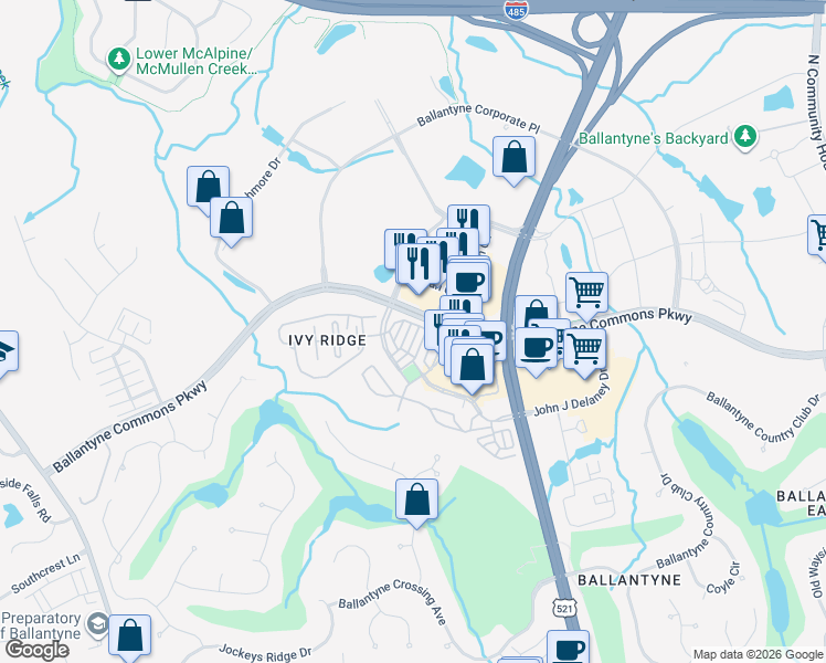 map of restaurants, bars, coffee shops, grocery stores, and more near 10529 Morablin Drive in Charlotte