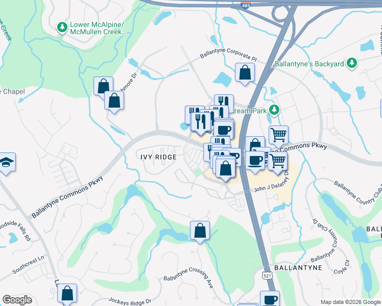 map of restaurants, bars, coffee shops, grocery stores, and more near 10529 Morablin Drive in Charlotte