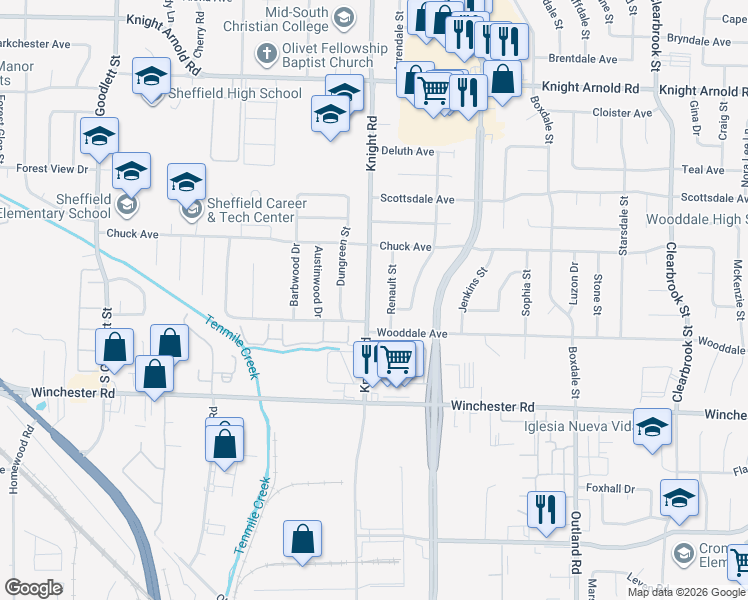 map of restaurants, bars, coffee shops, grocery stores, and more near 3437 Renault Street in Memphis