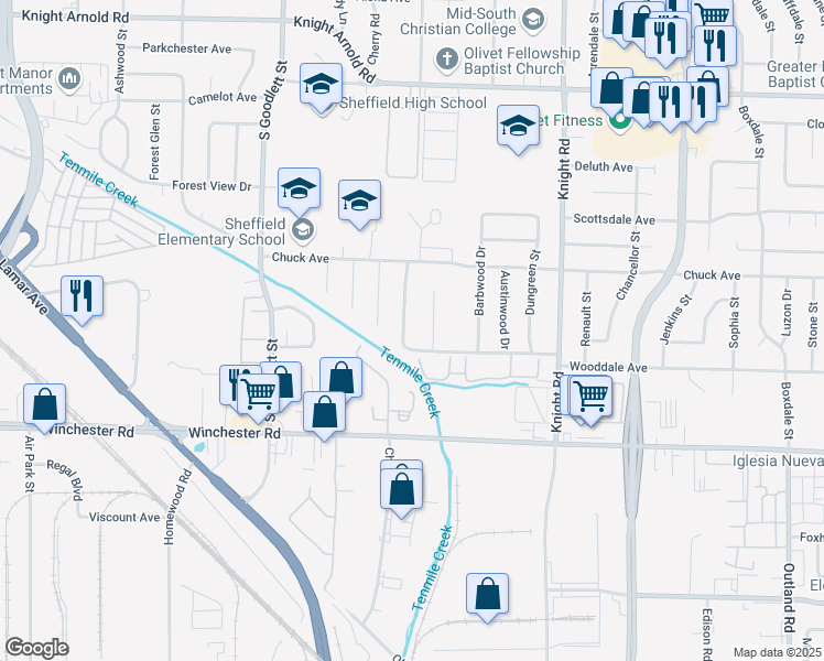 map of restaurants, bars, coffee shops, grocery stores, and more near 3425 Brutonwood Cove in Memphis