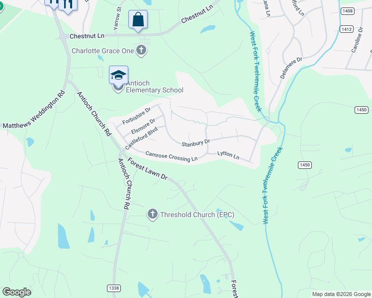 map of restaurants, bars, coffee shops, grocery stores, and more near 3022 Stanbury Drive in Matthews