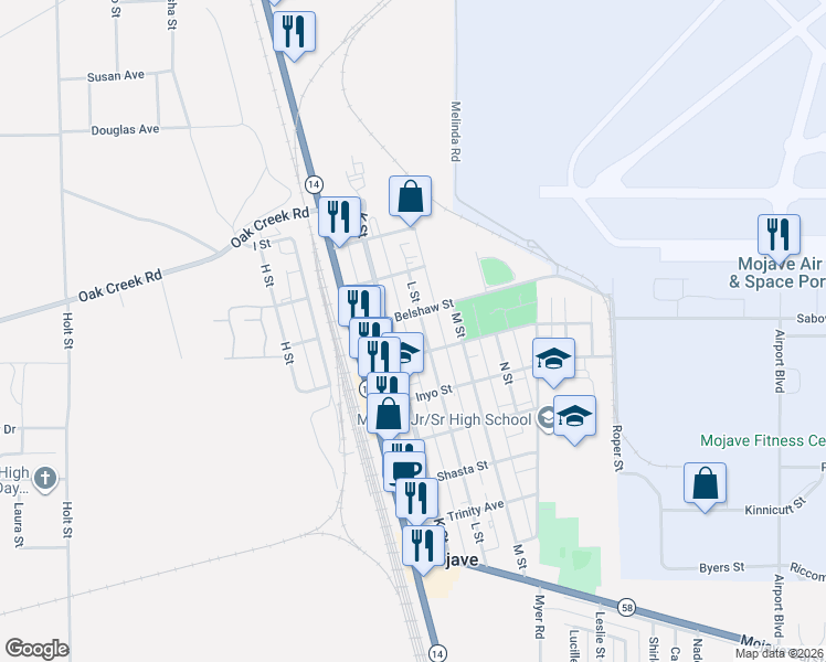map of restaurants, bars, coffee shops, grocery stores, and more near 16039 L Street in Mojave