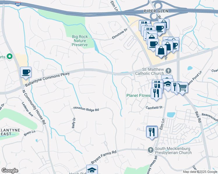 map of restaurants, bars, coffee shops, grocery stores, and more near 8514 Corolla Lane in Charlotte